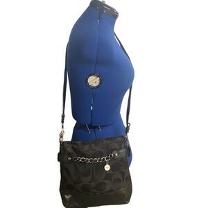 COACH F18862 Black Signature Chain Leather Canvas Crossbody Shoulder Bag SEE DES